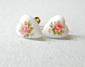 White Heart Post Earrings, Pink Rose Boquet Studs, Floral Heart Jewelry, Vintage Cabs, Gift For Her - raelwear