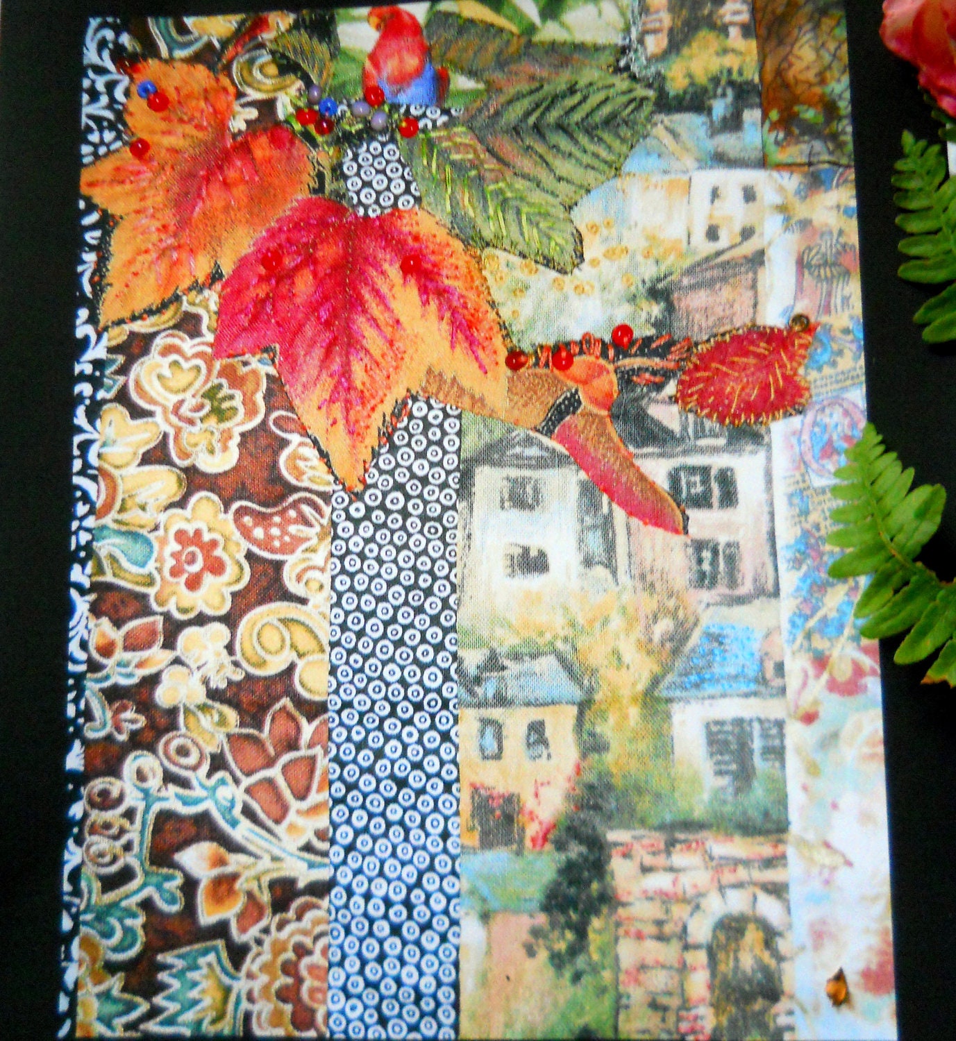 Fabric Collage Print Cards, Italian Memories, 8" x 10" Cards, Applique Print Card Set, Black Border