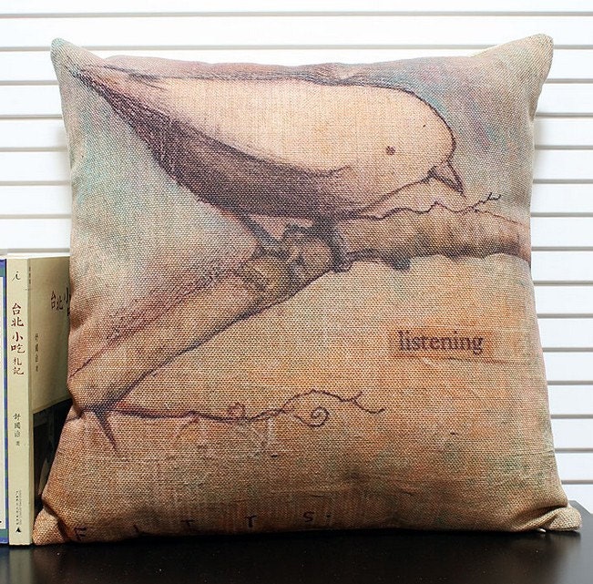 Vintage Listening Bird Oil Painting  Linen pillow cushion case cover  45cm x 45 cm