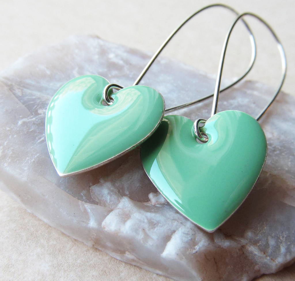 Dangle Drop Earrings - Sea Foam Epoxy Enamel Hearts - Sterling Silver Plated over Brass