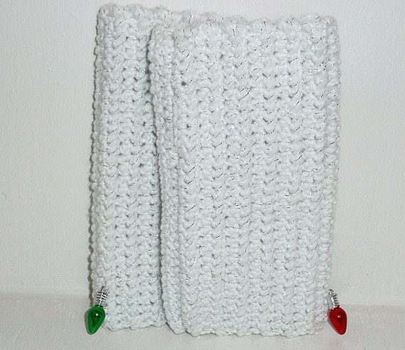 white and silver fingerless gloves with christmas light buttons, crochet, holiday, christmas