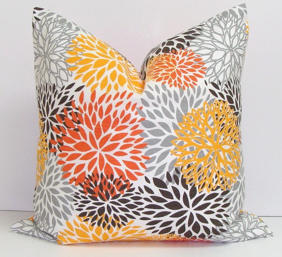 Pillow.Orange.Gray.Yellow.20x20 inch.Chevron Decorator Pillow Cover.Housewares.Home Decor.Home Accent.Blooms.Mums