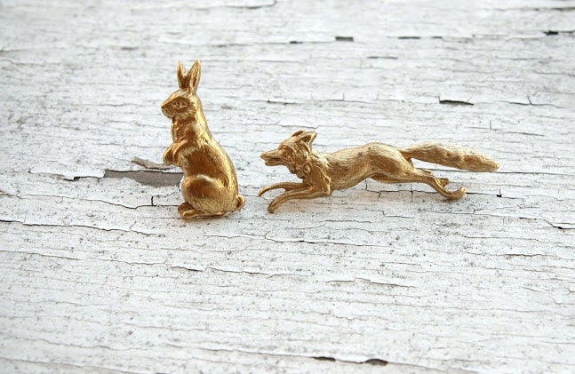 woodland wonders - golden fox and rabbit brooch pin set