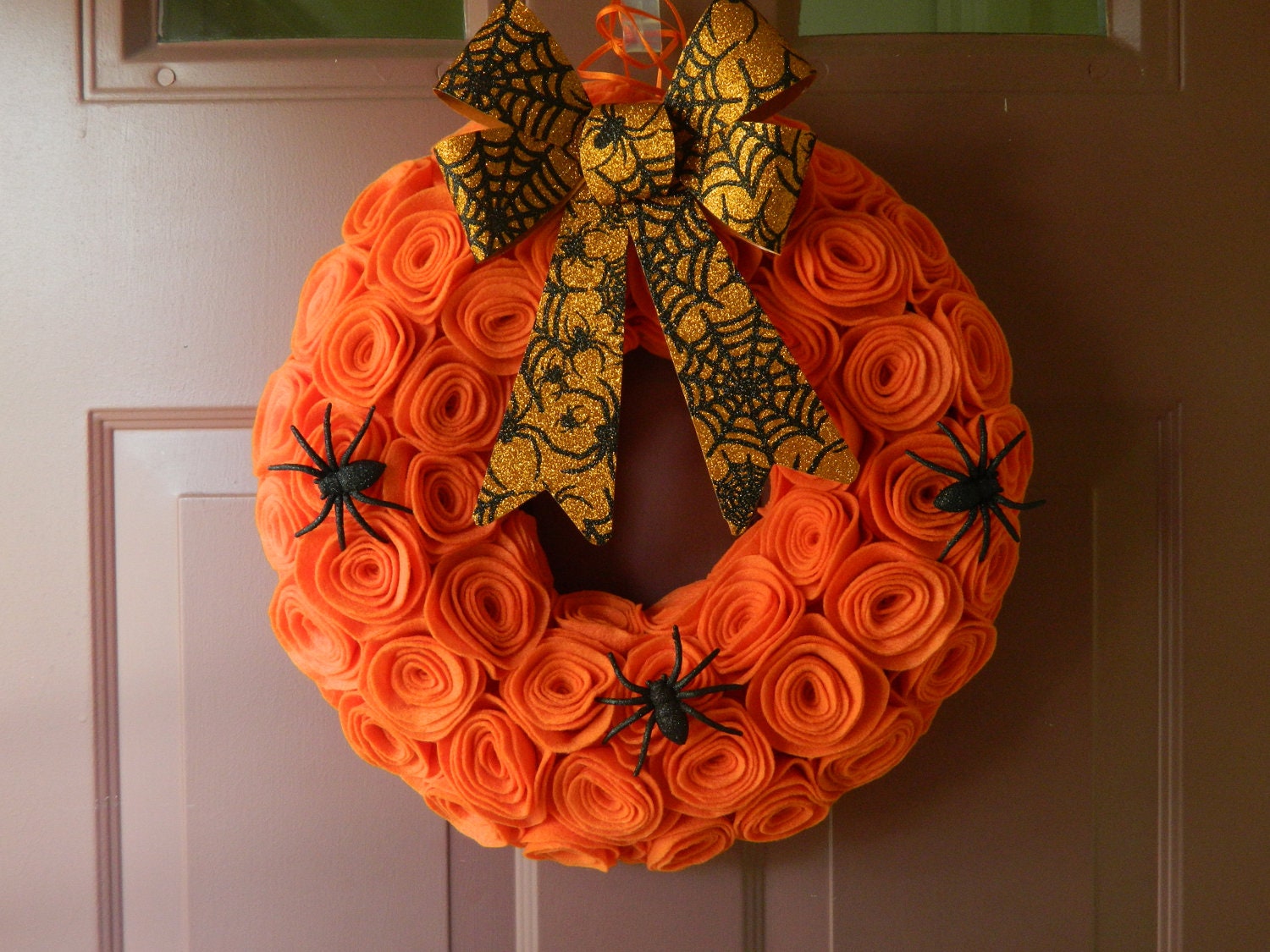 Halloween Wreath - Felt Wreath with Orange Rosettes and a Black and Orange Glitter Bow and Spiders - 12 inch