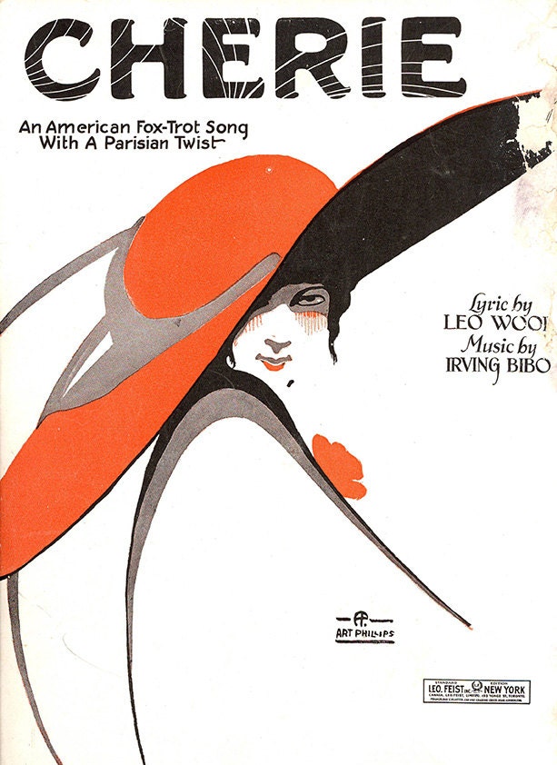 Colorful Vintage Parisian Sheet Music - 1921 Art Deco American Foxtrot "Cherie" Roaring 20s Music written for Piano and Vocals