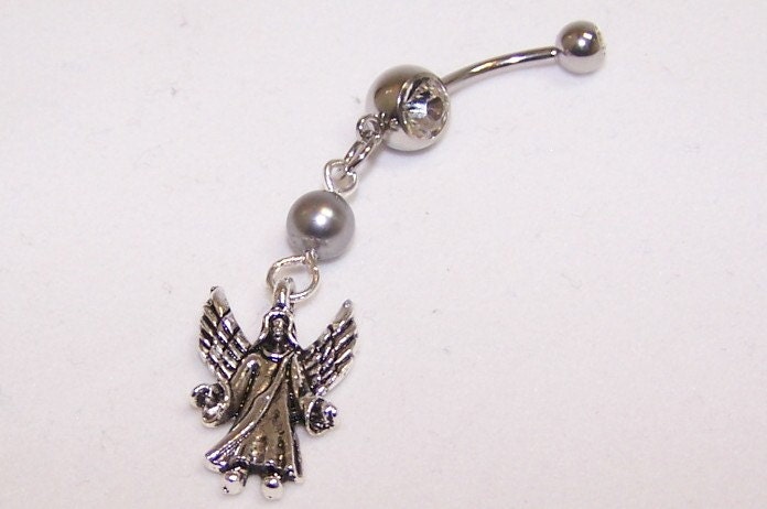 Angel, Charm, Gray, Swarovski, Pearl, Crystal, Clear, Gem, Belly, Button, Piercing