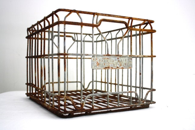 Vintage Rusty  Metal Basket -  Milk Crate - Rusted Maine Dairy Farm Crate Basket