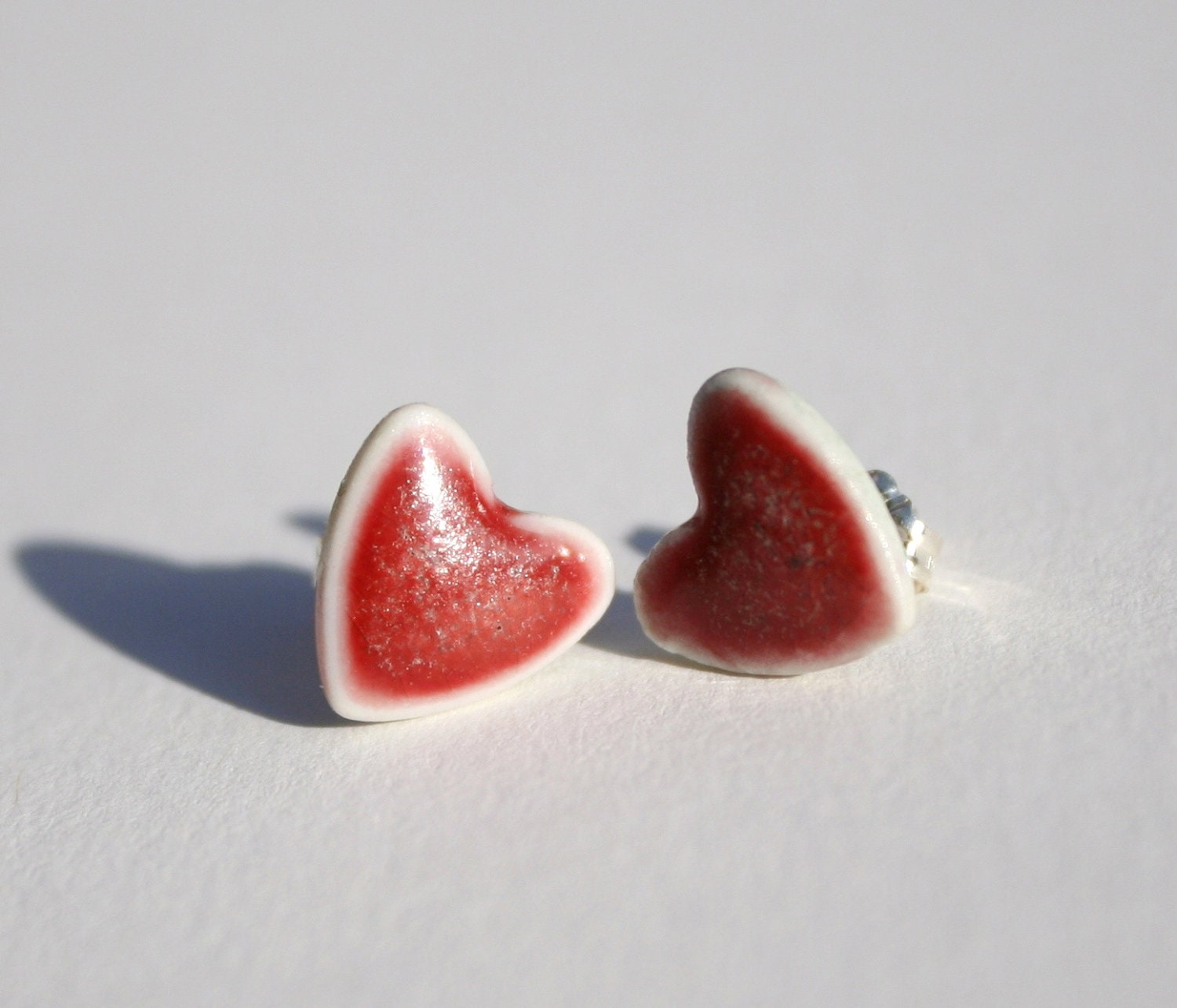 Earrings, stud, heart shaped Valentines porcelain ceramic, red glaze, sterling silver post and clip