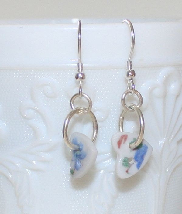 Teeny porcelain heart button drop earrings with blue design and sterling silver findings