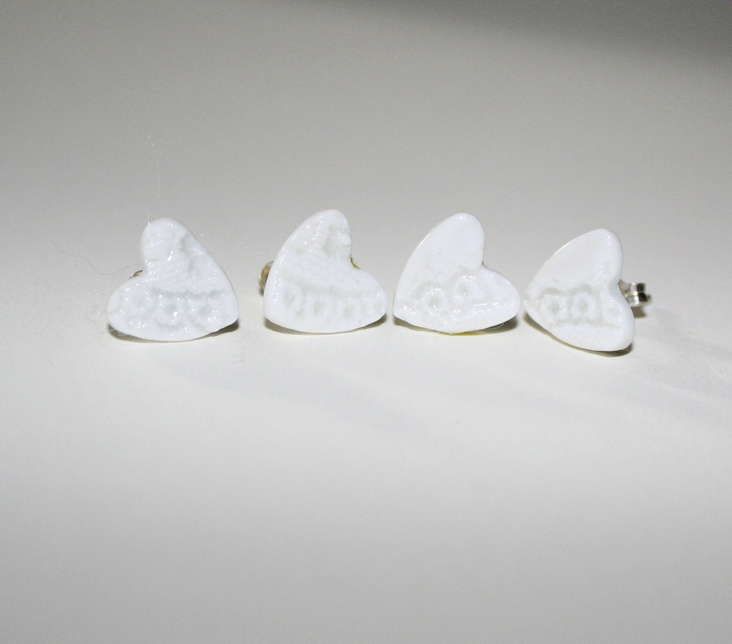 Earrings, stud, heart shape, Valentines, white lace impressed porcelain, sterling silver post and clip