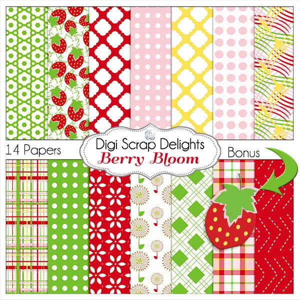 Strawberry Bloom Digital Papers in for Digital Scrapbooking, Cards, Crafts, Instant Download
