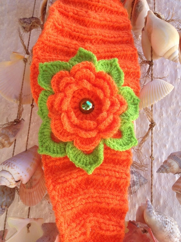 Orange Hand Knitted Headband Ear Warmer with Crochet Flower