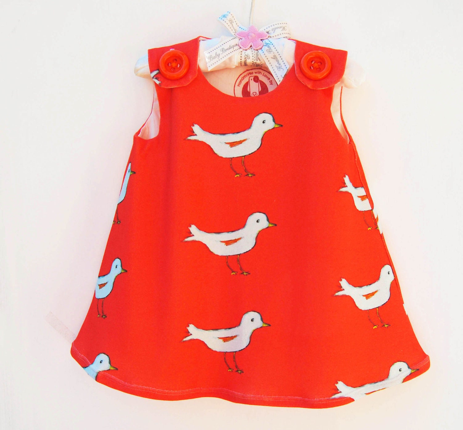 Organic Cotton Knit - White Birds - Organic Baby - Newborn - Orange - Baby Shower Gift - Eco Friendly - Nursery - Girls Clothing - 3M to 3T
