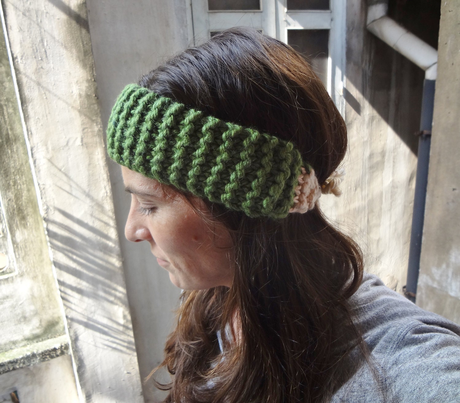 Chunky Knit Headband avocado green & cream - womens or teen ski snowboard earwarmer winter fashion bohemian fall hair wrap