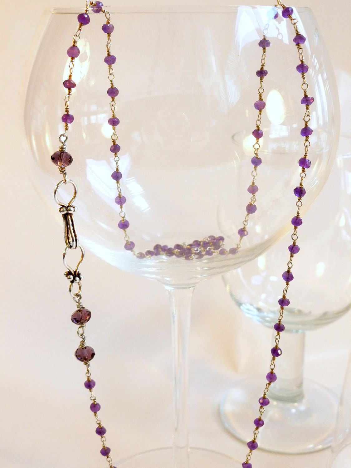 Amethyst and Silver Wire Wrapped Chain Extra Long Necklace