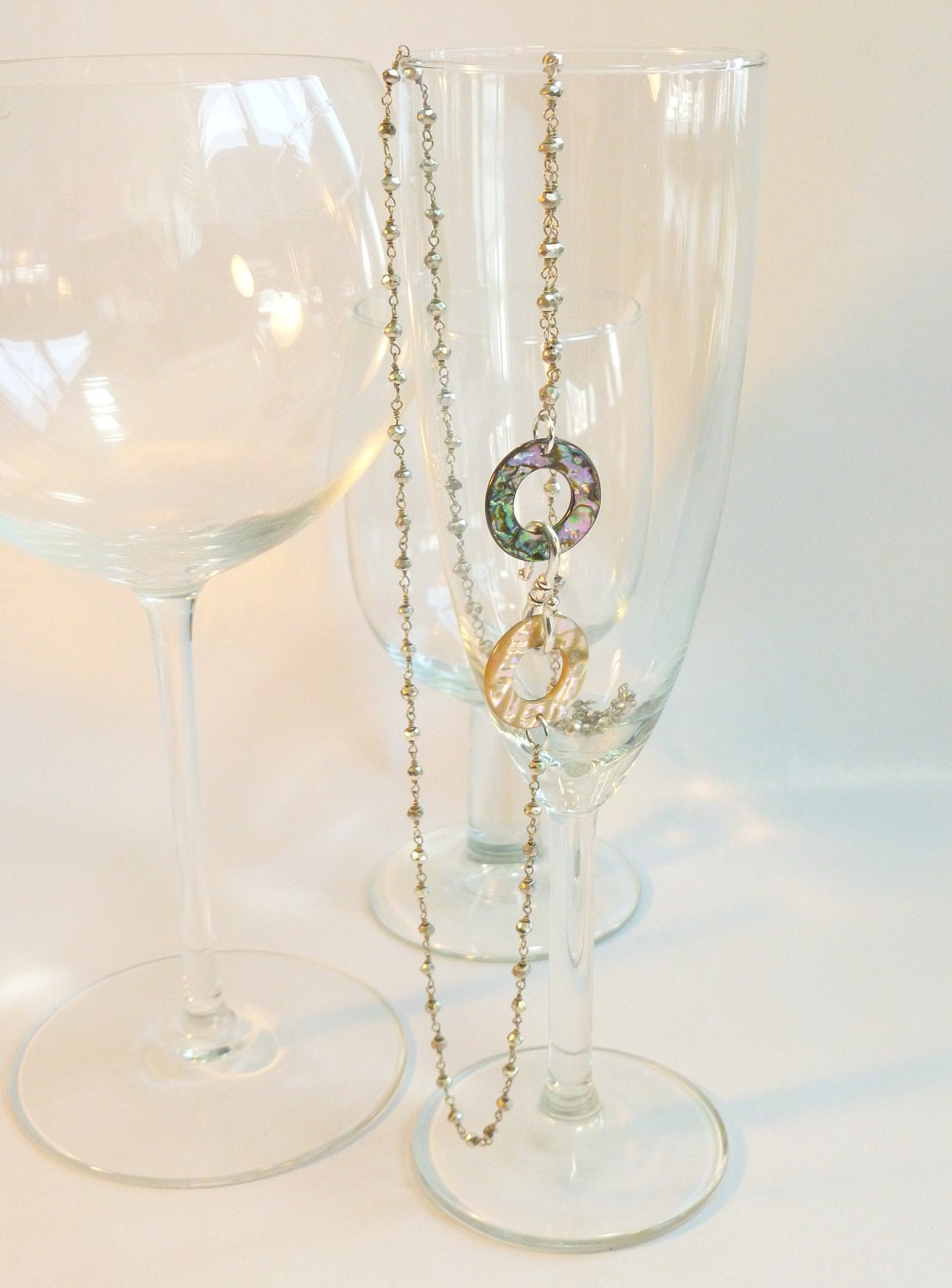 Silver Pyrite Wire Wrapped Chain with Abalone Shells Extra Long Adjustable Necklace