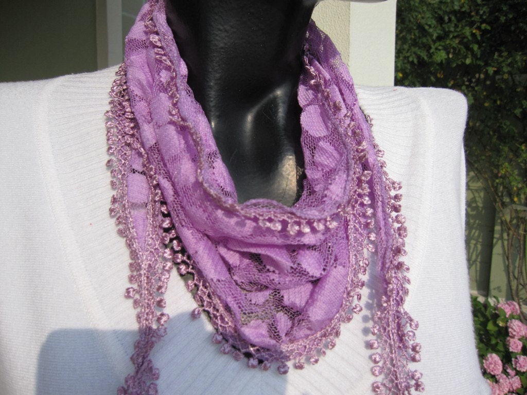 LAVENDER purple sheer lace small scarf with lace fringe bandana-Women's scarves NEw summer Fashion 2012 trends