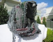 Grey pastel floral cotton scarf with lace fringe- Womens scarves -headband NEw summer Fashion 2012 trends