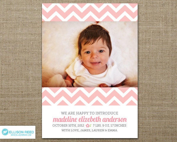 Girl Birth Announcement - Birth Announcement - Baby Girl - Baby Announcement - photo - Pink - Chevron - Flower - Printable Il_570xn