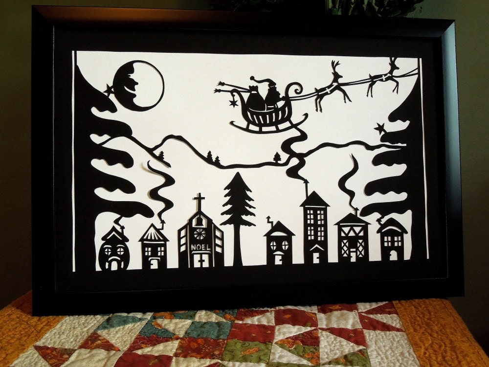 Retro Paper Cut Christmas Village with Santa Sleigh Reindeer Laughing Moon Wall Art