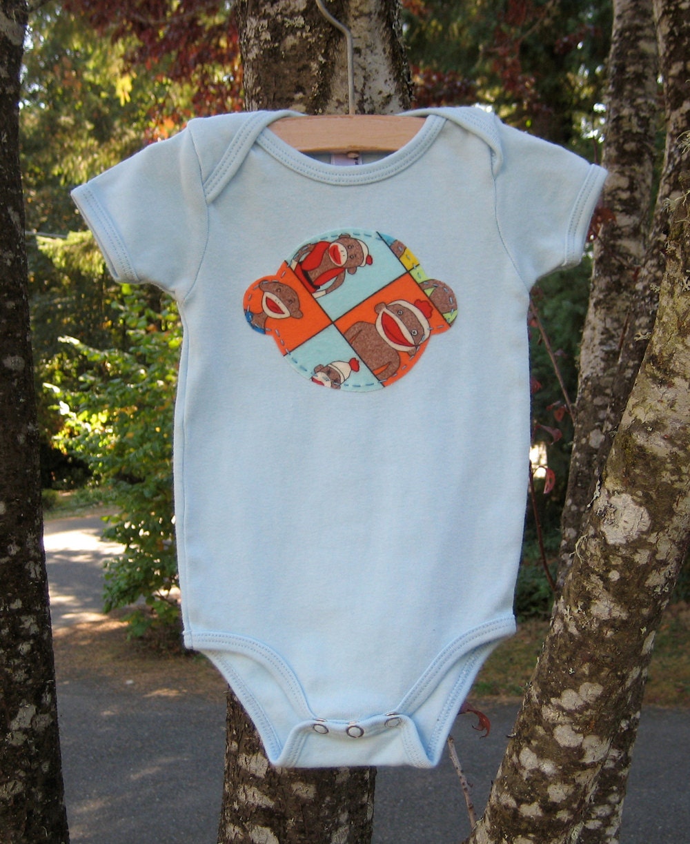 SPRING SALE - Appliqued baby onesie size 3 to 6 mos. - American Apparel soft light blue sock monkey flannel handmade