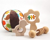 Organic Baby Shower Gift Set, Gender Neutral, Wooden Rattle and Teether, Soft Rattle Ball