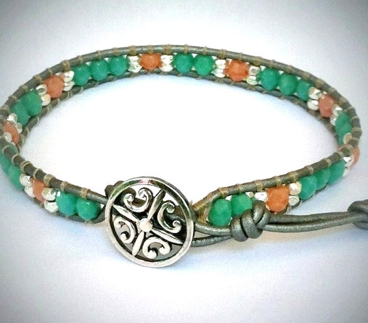 Coral and Turquoise Beaded Leather Wrap Bracelet with Sterling Silver Button-
