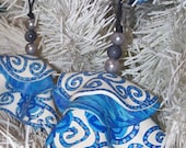 Blue Flowers with Silver Dotted Vines Recycled Record Christmas Tree Ornaments - Set of 3