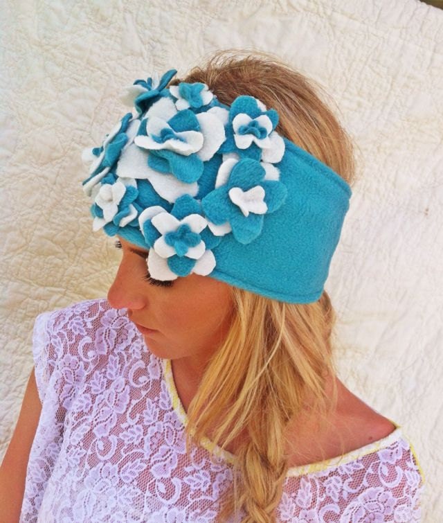 Fleece Floral Headband Ear Warmer with Flowers Adjustable Winter Head Wrap NEW for WINTER in BLUE