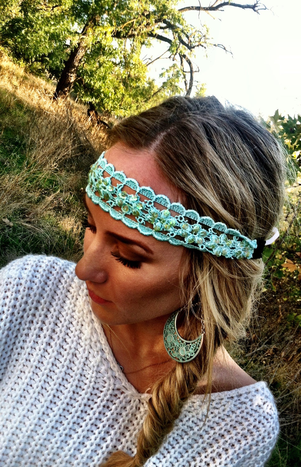 Beaded and Sequined Boho Headband in Tiffany Blue with Ribbon Tie Backs - Hip To It Headband