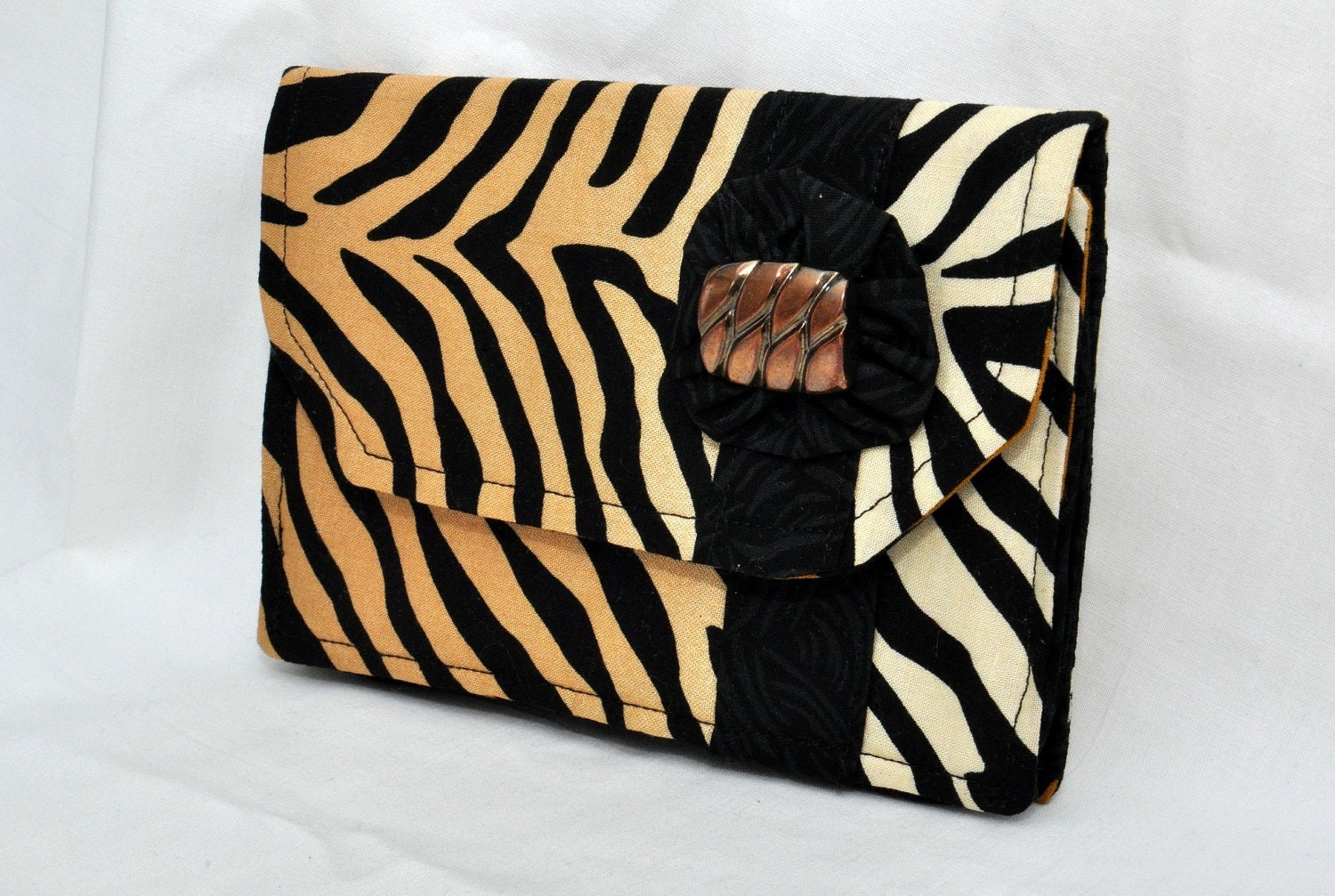 Women's Handmade Black, Tan and Biege Tiger Print Clutch Wallet with Accenting Yoyo and Brass Button