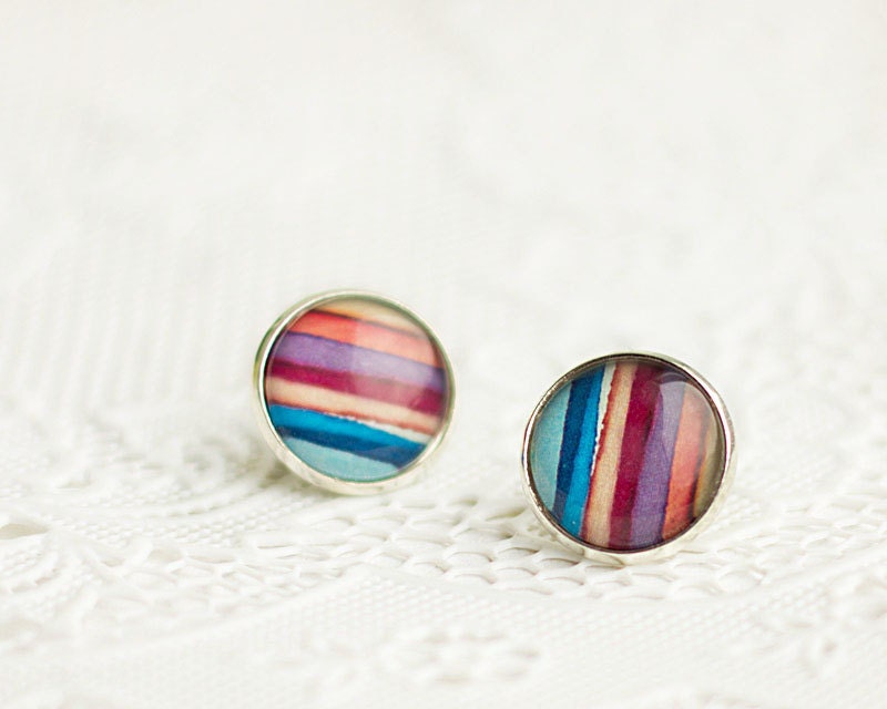Multicolor Stripes Earrings, Stud Earrings, Burgundy, Silver Brass, FREE shipping - HelgaYutt