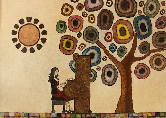 Art Print. Girl Playing Piano Tree Sun. Music is Life