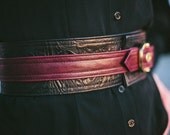 Women's leather belt -Floral embossed leather with brass buckle-Leta