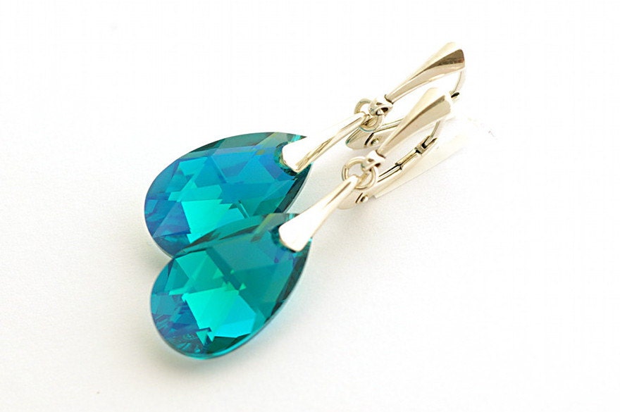 ON SALE, Blue Zircon Earrings, Blue Green Earrings, Swarovski Blue Zircon, Swarovski Pear-shaped 22mm, sterling silver 925 - cardioceras