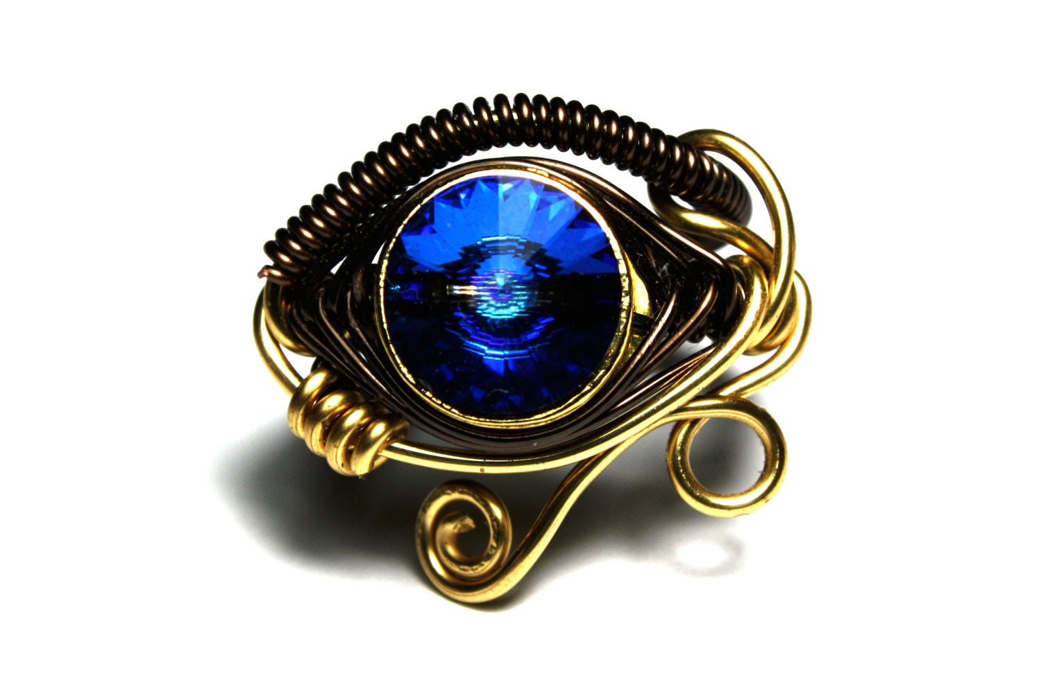 Egyptian Wire Ring -  Eye of Horus - Bermuda Blue Swarovski Crystal
