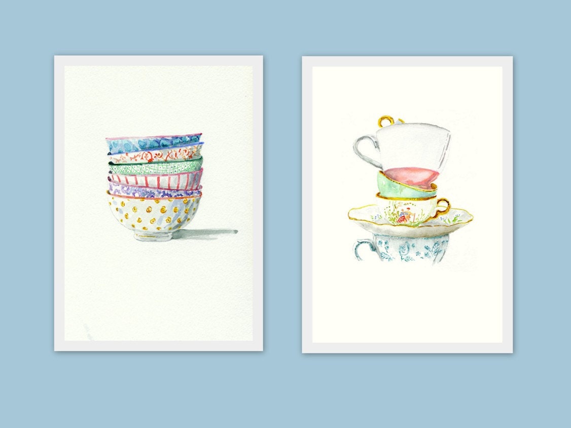 Still Life Kitchen Decor Art Print of Original Watercolor Painting -- Teacups
