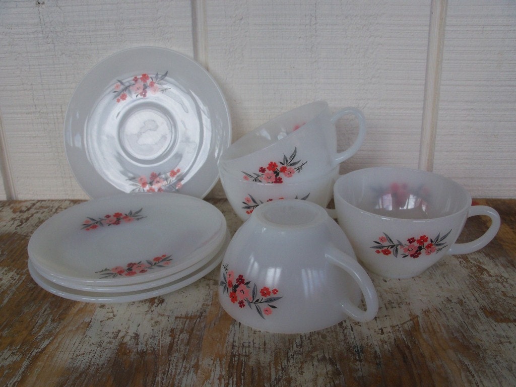 Fire King Primrose - Cup and Saucer Sets, Set of Four (4) Vintage 1950s