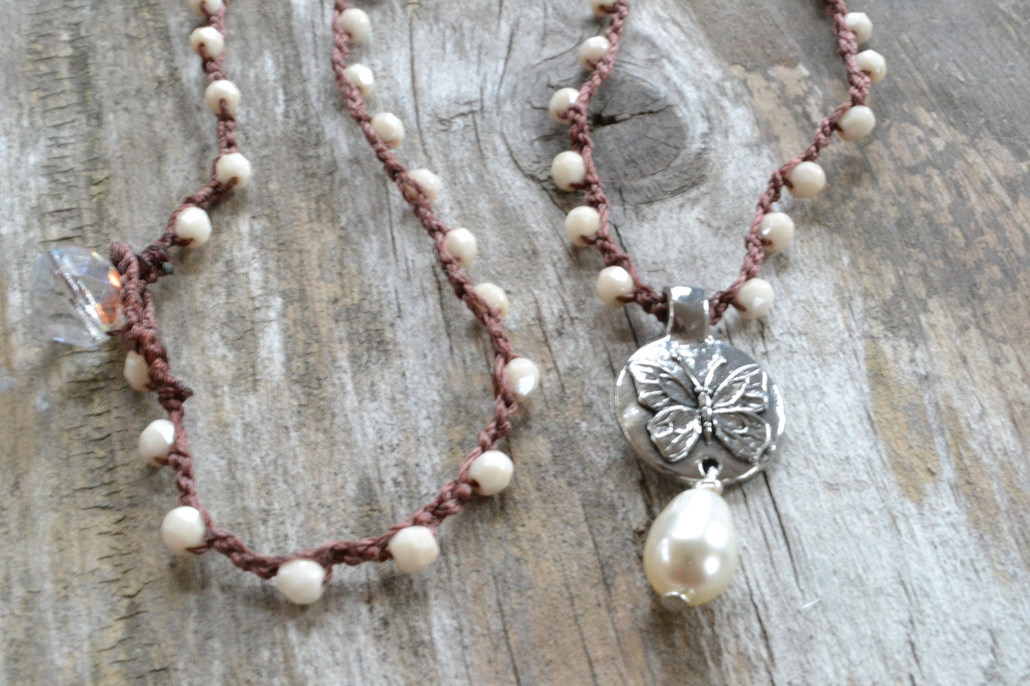 Butterfly crochet necklace "Dream" artisan pendant, cream pearl czech, butterfly, reversible, rustic boho
