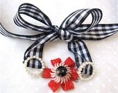 Flower Girl Bracelet Red, Black, White Child's Pearl & Rhinestone Ribbon Vintage Wedding Bracelet - Gracie Gingham Bracelets