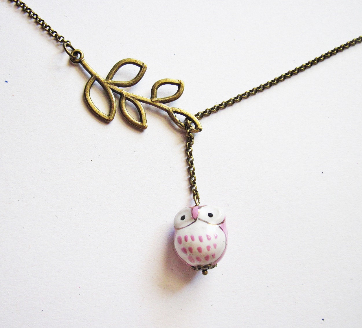 Owl Necklace, Ceramic Owl Necklace, Owl Jewelry, Owl Lariat Necklace, Owl Branch Necklace, Owl Y necklace, Owl Necklace Jewelry, pink owls