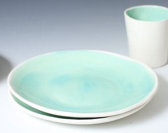 Handmade Turquoise Ceramic / Pottery plates or very Shallow Bowls - Plates, 8-9 inches wide - 2 piece bowl/plate set - ready to ship