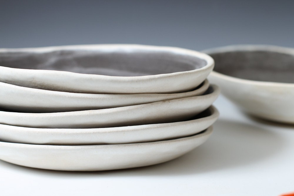 Sale: 8.6" Charcoal and White Stoneware Shallow Bowls - Pottery Plates handmade ceramic plates - individual or set - ready to ship
