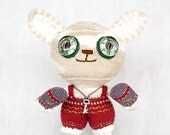 Rabbit - winter elf Art Doll. Crochet Bunny toy. One of a Kind Handmade Doll. Stuffed Animal. Beige Red Gold.