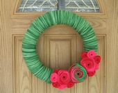 Summer Watermelon Garden 16 inch Wreath-Summer Decor-  Green Yarn and Red and Pink Felt  Flower Wreath -- Fourth of July Wreath