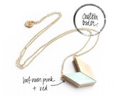 RSVD x STEPHANIE / geometric wooden arrow pendant necklace in hot neon pink & red on long gold chain