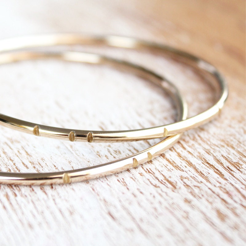 Tribal Gold Bangles / carved brass thin stacking bracelets / modern minimalist metalwork jewelry / primitive carved design