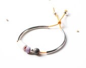 Lilac/Tangerine Stacking Bangle / geometric jewelry / silver or gold beaded tube bracelet / mixed-media beads / white, grey, sparkly orange