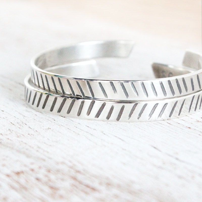 Sterling Silver Cuff Set / Herringbone & Arrow / black, white stripes / geometric stacking bracelets / oxidized tribal silver cuffs
