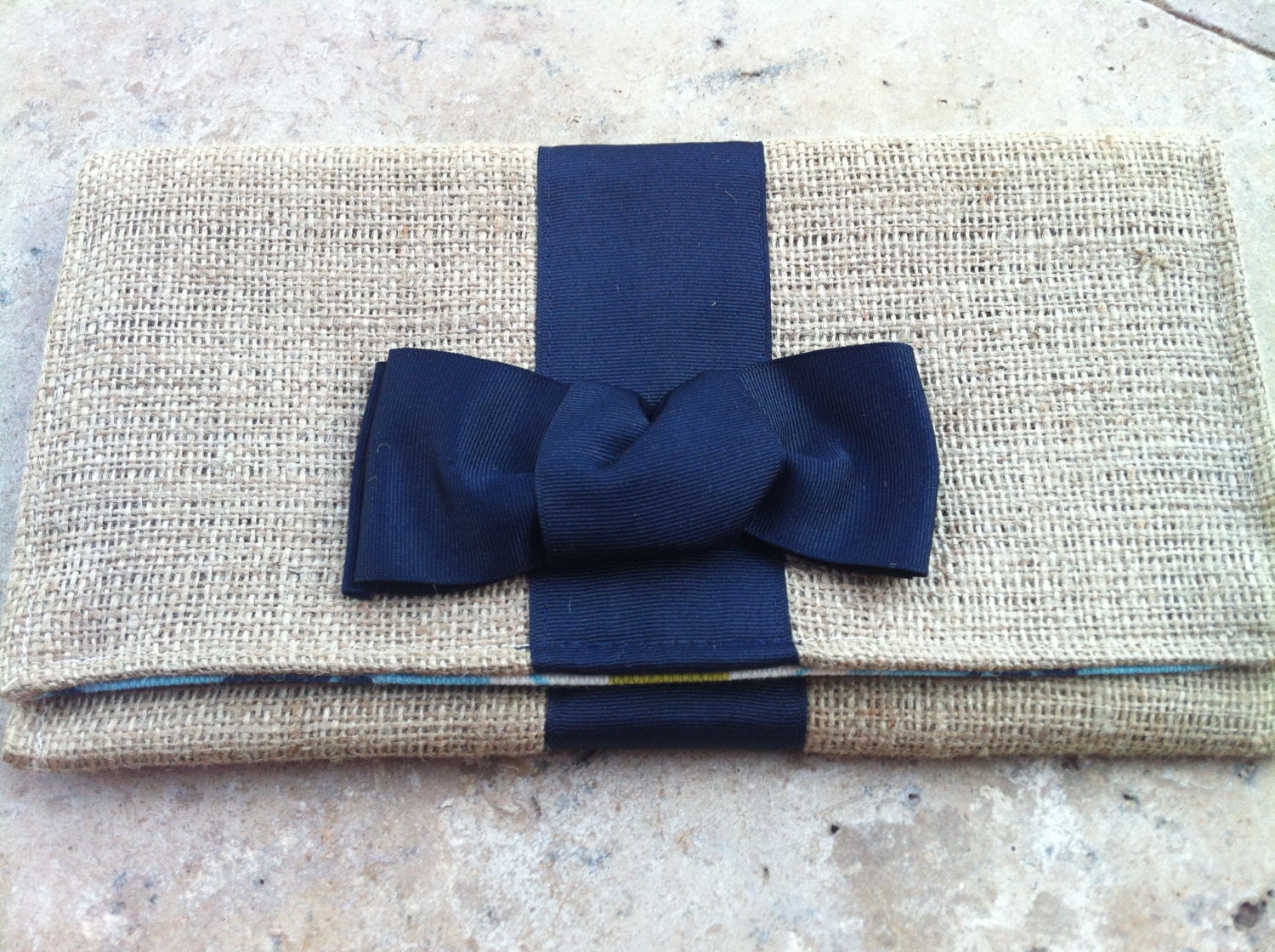 Burlap Clutch inspired by Kate Spade- Navy Grosgrain Ribbon